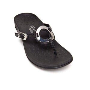 Vionic Karina Womens Sz 9 Flip Flop Thong Black Leather Slip On Comfort Sandals